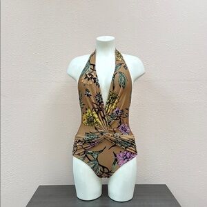 Floral Halter Neck One Piece Swimsuit - Tan